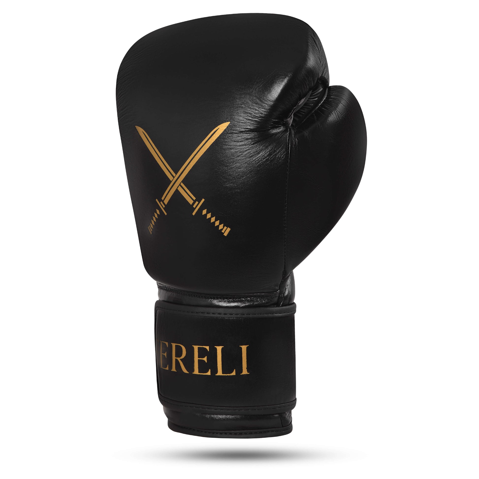 Angled side shot of Fereli Shinken black boxing fight gloves with crossed gold swords, built for durability and comfort. Ideal training sparring gloves available in our boxing kit online catalog.