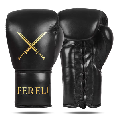 Close-up of Fereli Shinken training sparring gloves showing luxurious black leather and ergonomic padding.