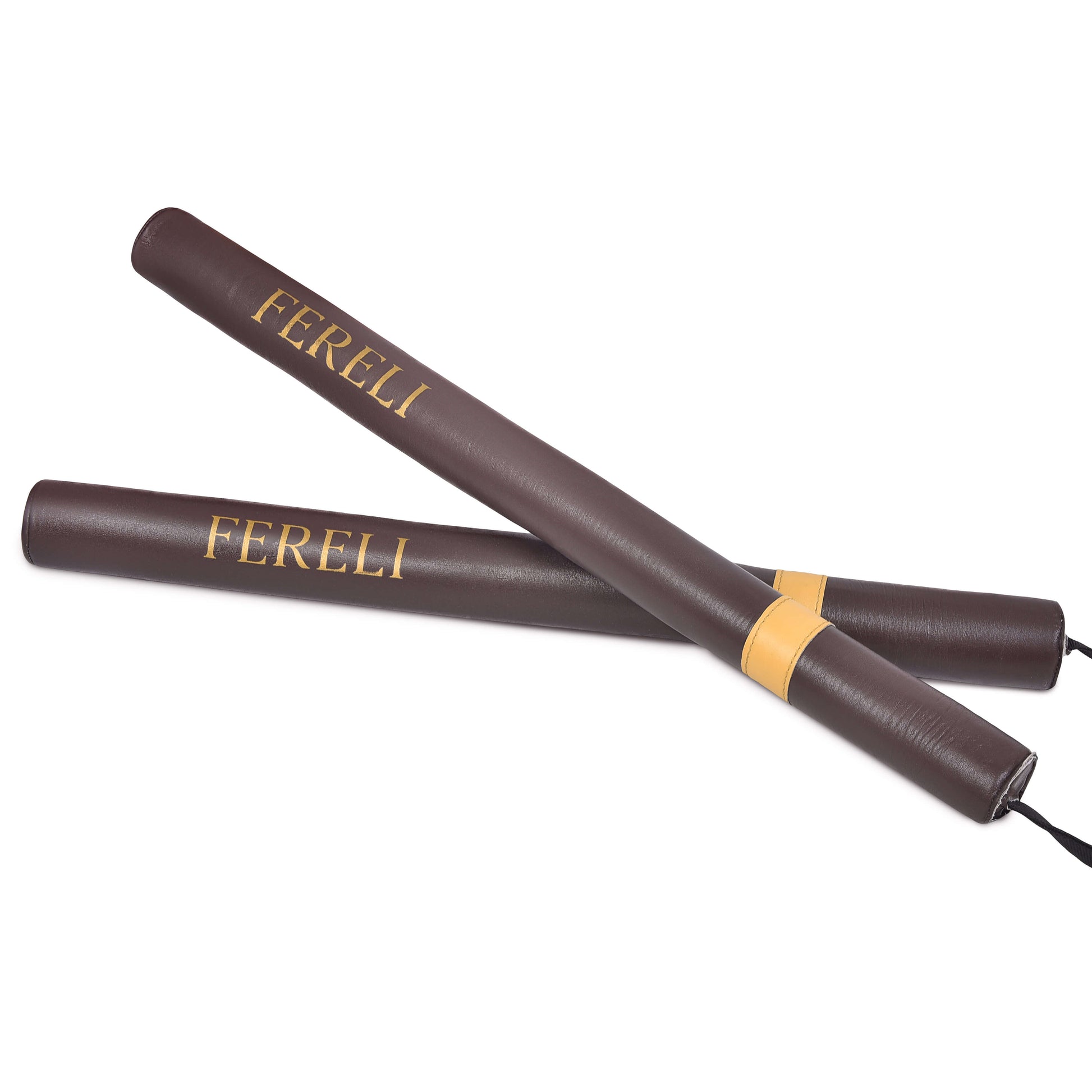 Fereli brown striking sticks angled view – premium leather boxing precision sticks for defence and counter drills.