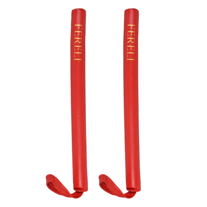 Front-facing view of Fereli red boxing fight sticks with visible wrist loops and gold logo branding