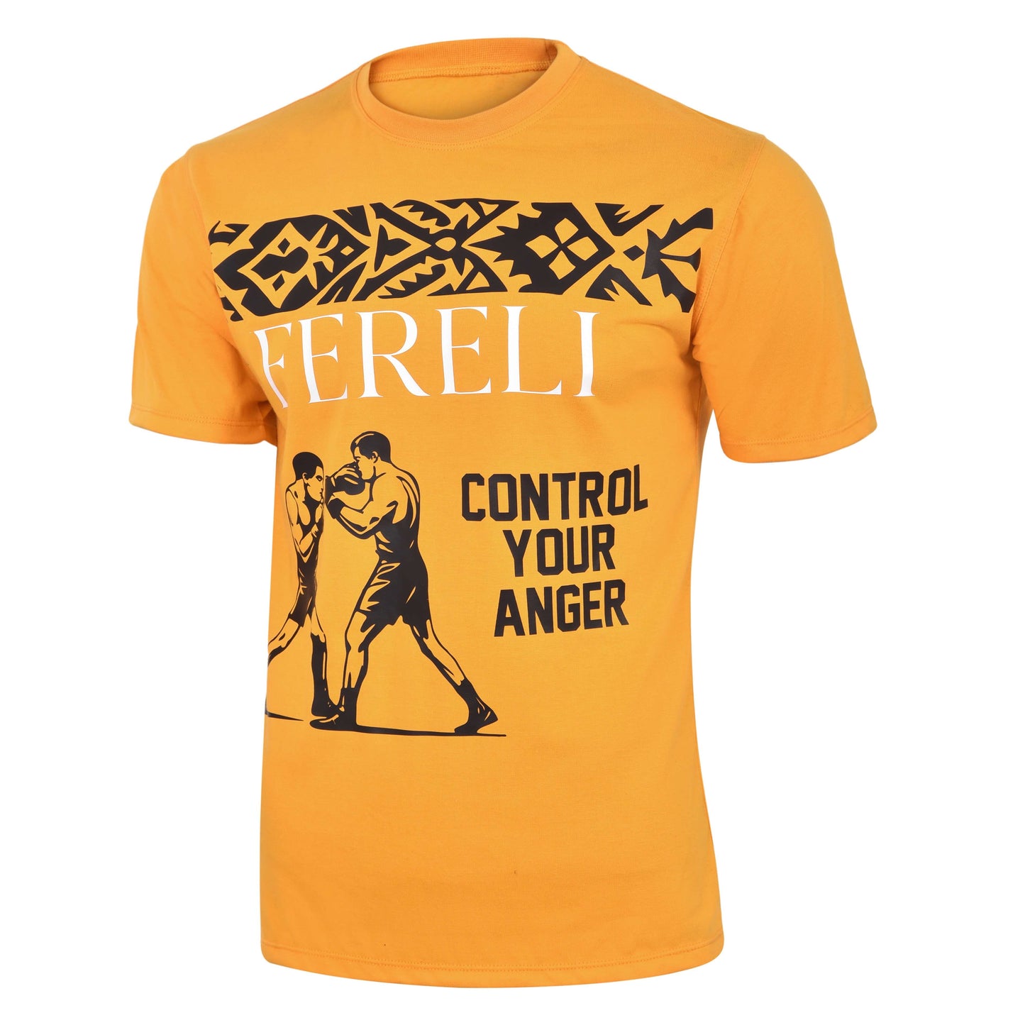 Angled front view of the Fereli Tempered T-Shirt – statement boxing tee with tribal graphic and “Control Your Anger” message.
