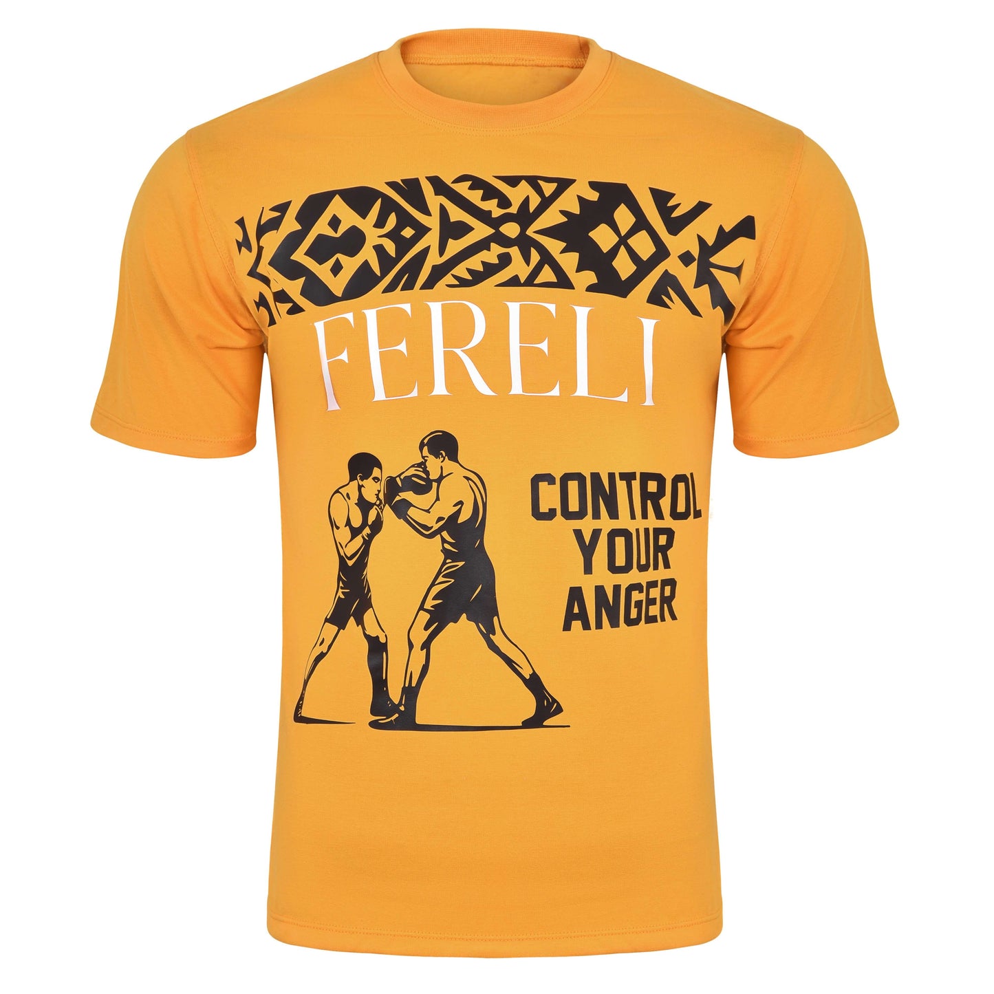 Full front view of the Fereli Tempered T-Shirt – graphic combat tee featuring two boxers and bold tribal artwork.