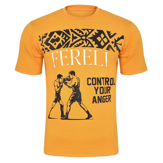 Full front view of the Fereli Tempered T-Shirt – graphic combat tee featuring two boxers and bold tribal artwork.