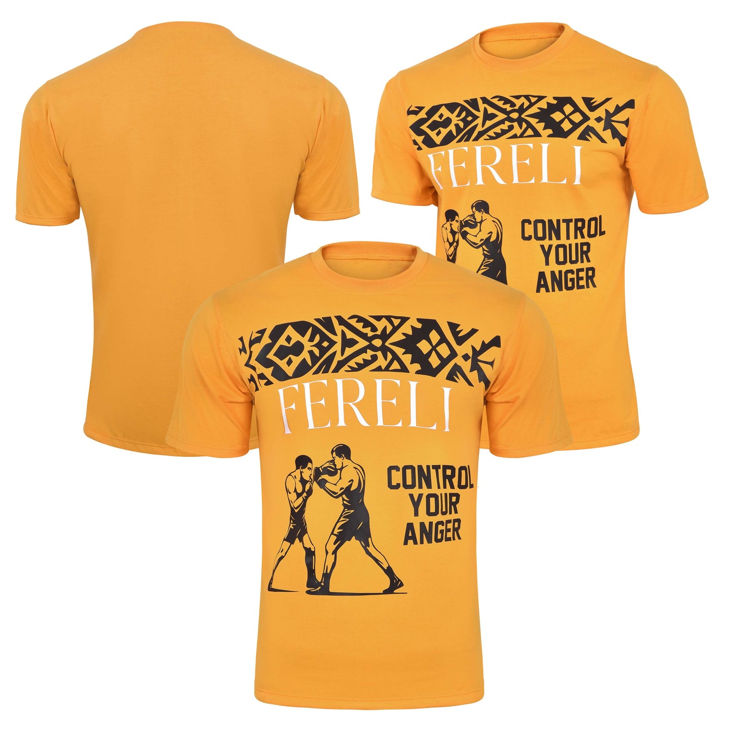 Multi-angle view of the Fereli Tempered T-Shirt – showcasing front, angled, and back perspectives of this discipline boxing shirt.