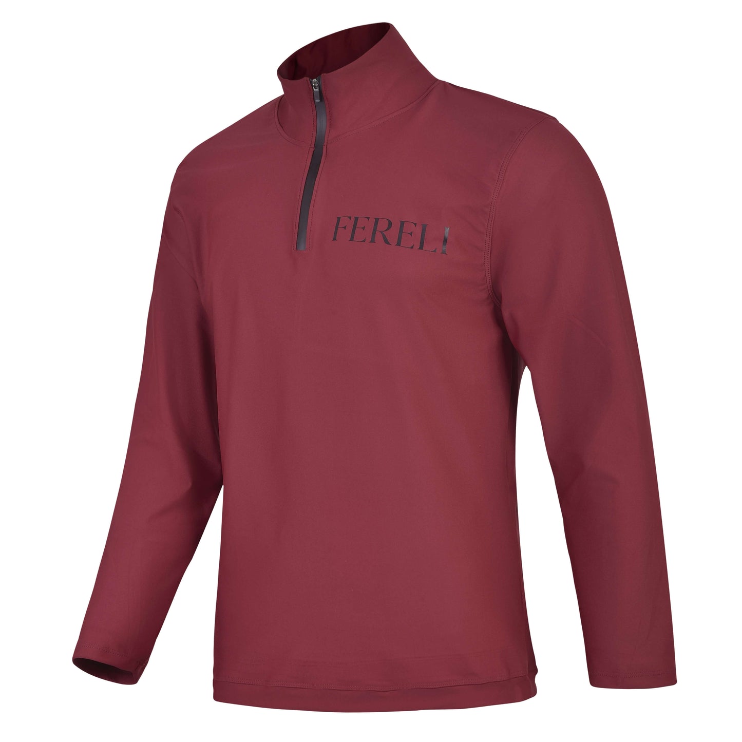 Fereli Training Quarter Zip in burgundy shown from an angled front view with minimalist chest logo and quarter zip collar