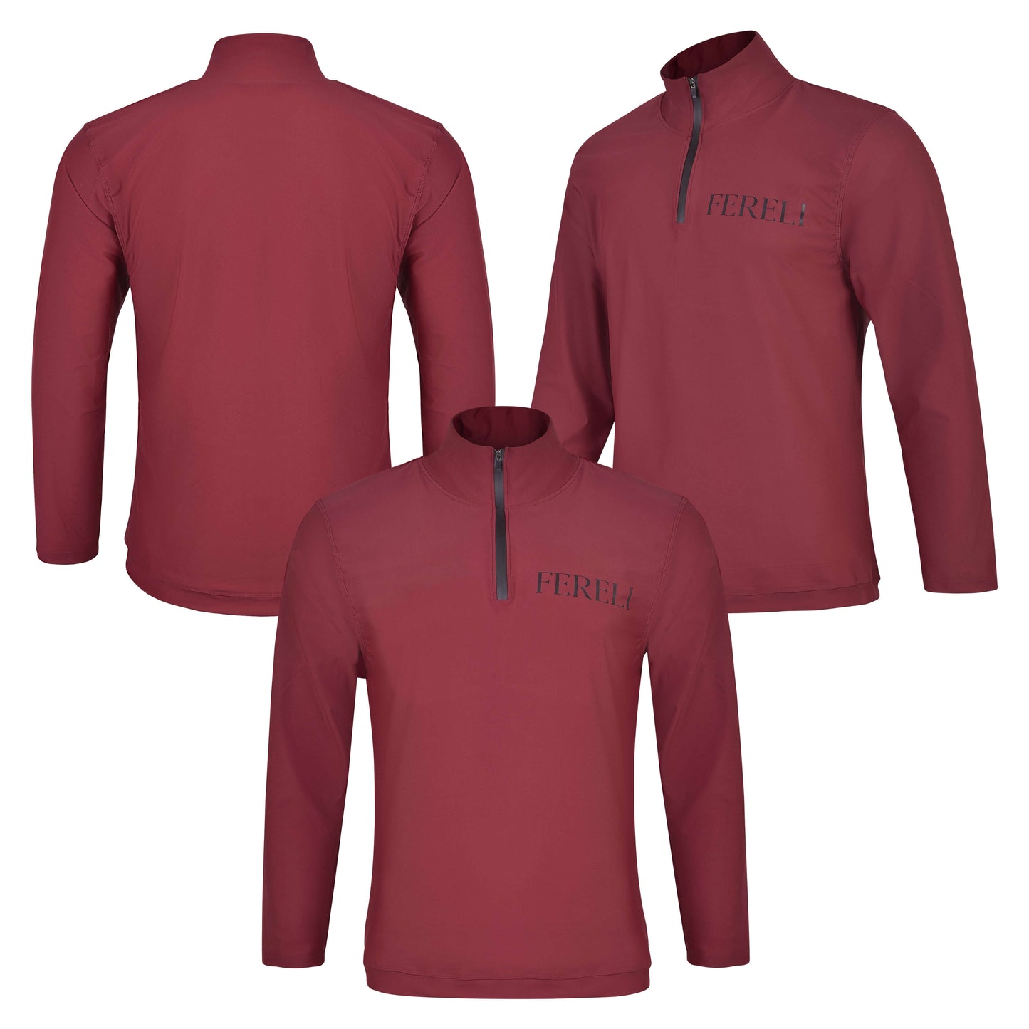 Multiple views of the Fereli Training Quarter Zip in burgundy including front, back, and angled perspectives