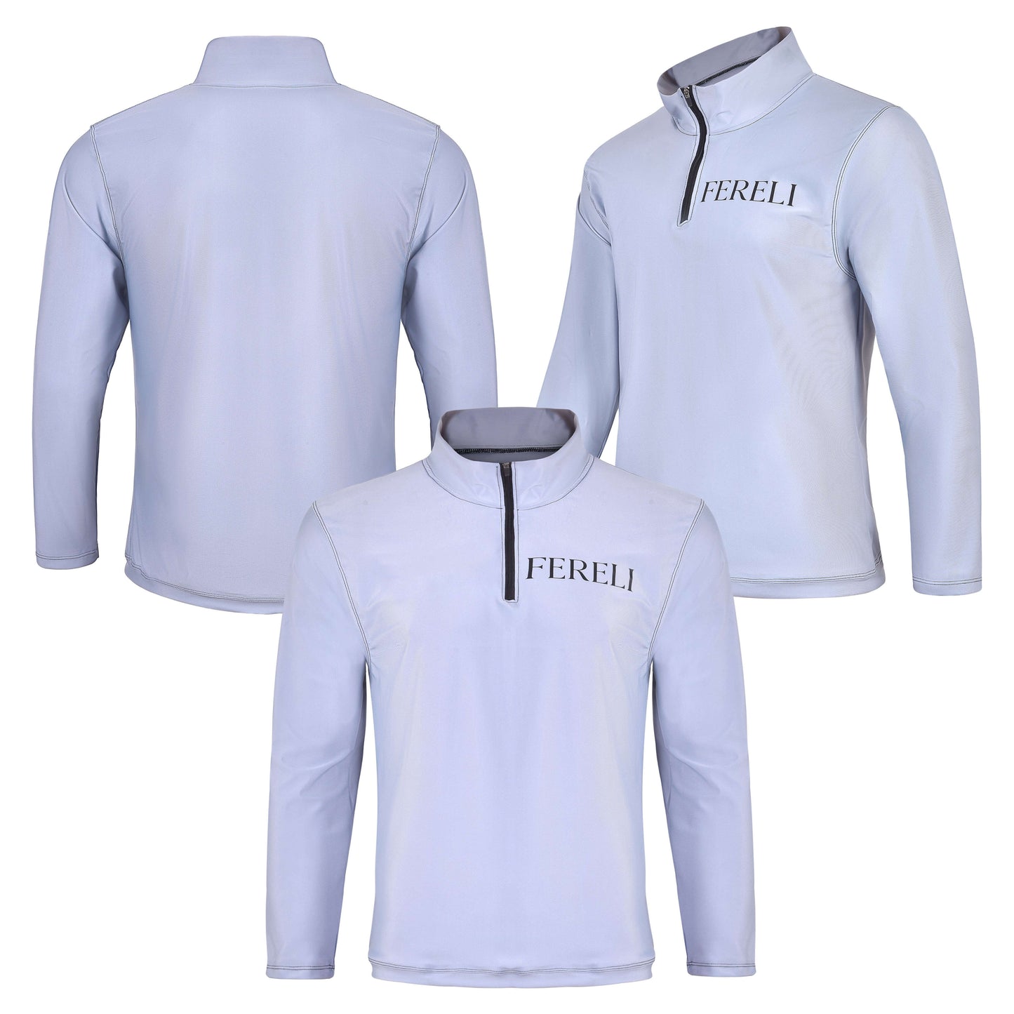 Multiple views of the Fereli Training Quarter Zip in light grey showing front, back and angled perspectives