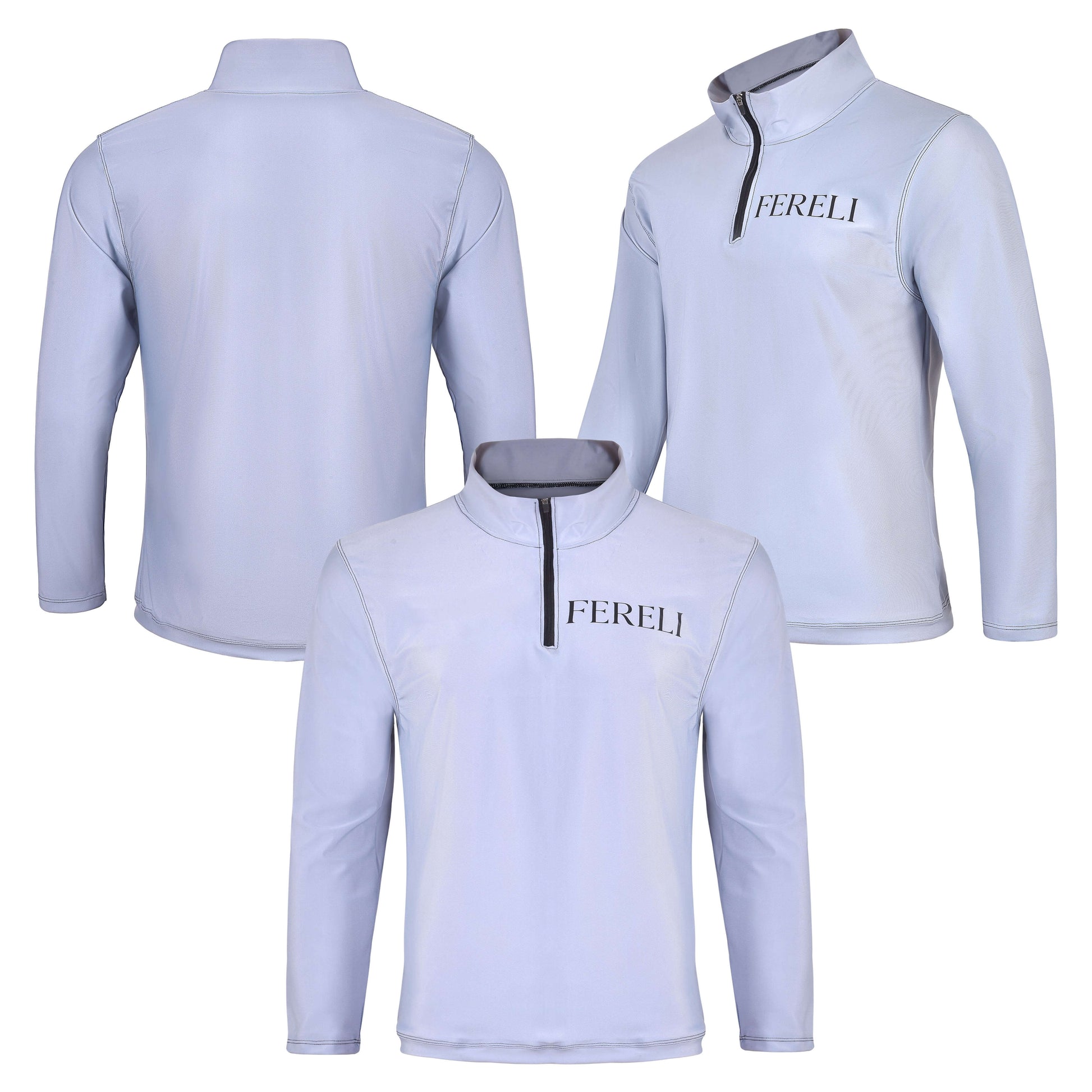 Multiple views of the Fereli Training Quarter Zip in light grey showing front, back and angled perspectives