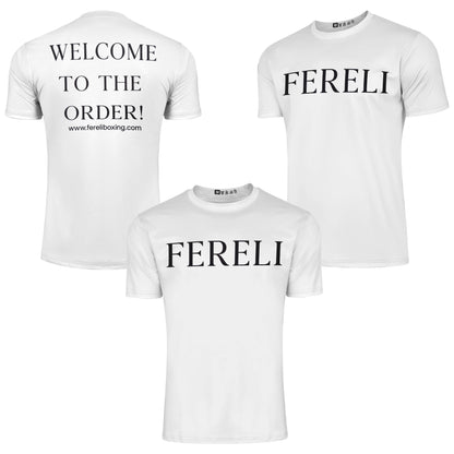Fereli Welcome To The Order T-Shirt in white, showing front, back, and angled views – boxing clothes shop favourite for dedicated fans.