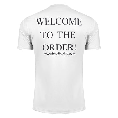 Back of Fereli Welcome To The Order t-shirt in white featuring website and rallying slogan – join the movement.