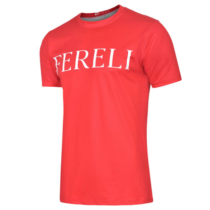 Angled front view of the red Fereli “Welcome To The Order” t-shirt showing sleek fit and bold lettering – boxing fan apparel essential.