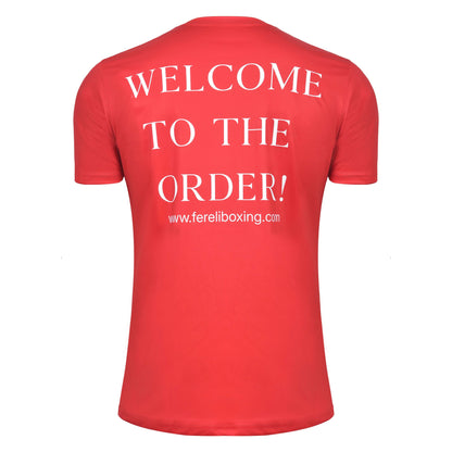 Back of the Fereli red t-shirt showing “Welcome to the Order!” slogan – boxing fan apparel.