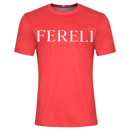 Fereli red t-shirt front view with bold FERELI logo – boxing clothes shop fan apparel.