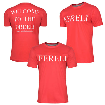 Multi-angle view of Fereli red t-shirt showing front and back details – boxing clothing store edition.