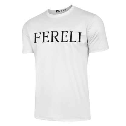 Angled view of white Fereli t-shirt with elegant FERELI branding – exclusive at our boxing clothing store.
