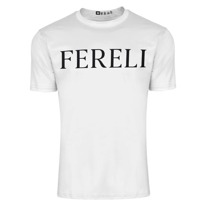 Front view of Fereli white t-shirt with bold FERELI text – premium boxing fan apparel.
