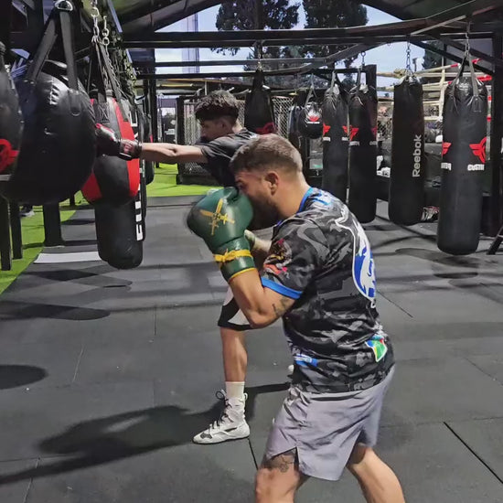 A professional boxer using Fereli Dastan boxing gloves for training.