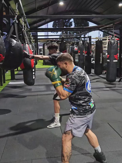 A professional boxer using Fereli Dastan boxing gloves for training.